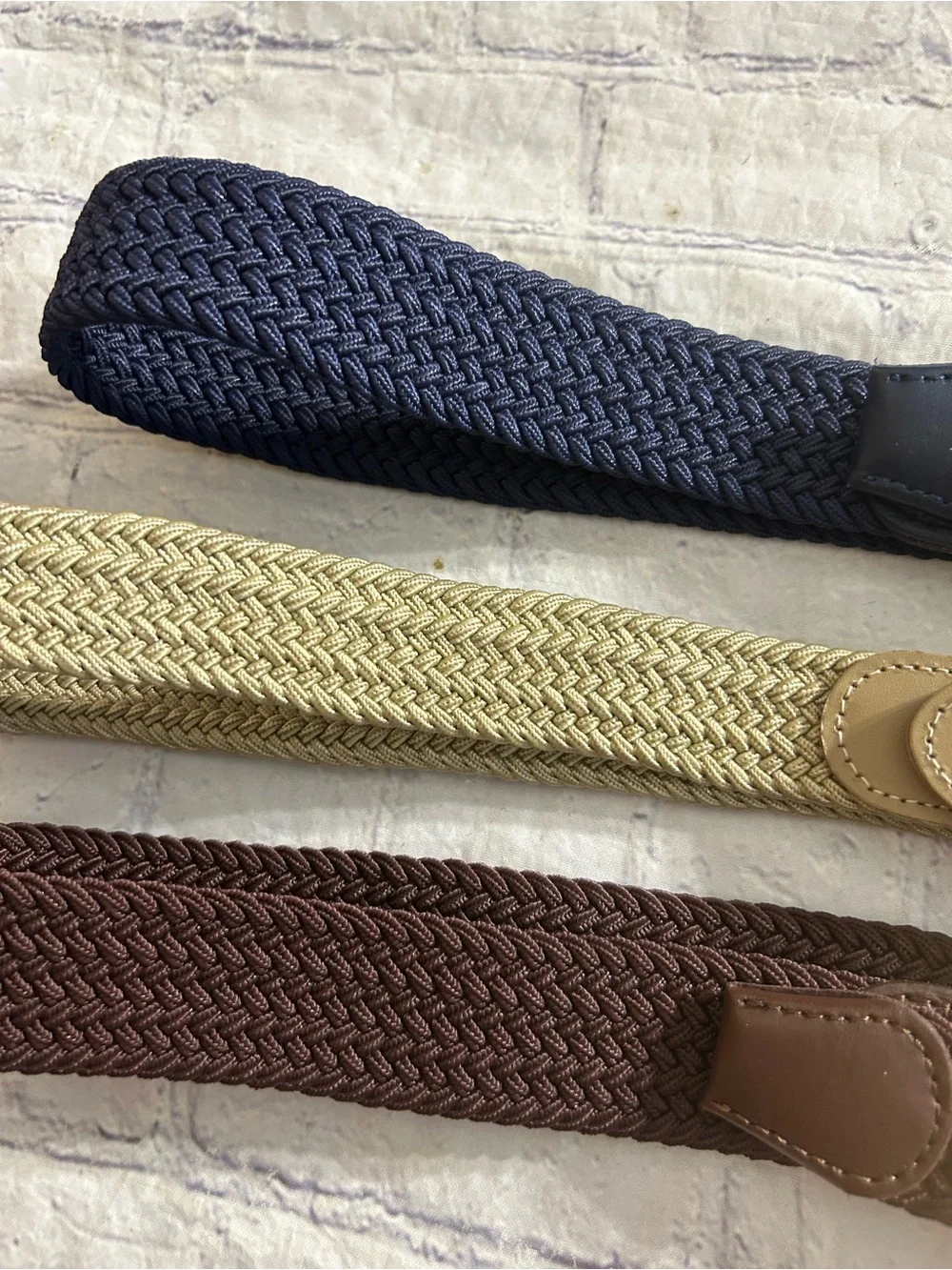 LOT OF (3) VINTAGE MENS STRETCH BELTS NAVY/BROWN/TAN COVERED BUCKLES SIZE LARGE